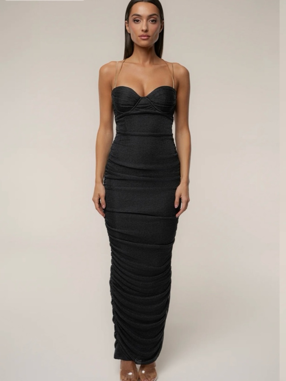Strapless Black Ruched Maxi Dress with Thin Straps